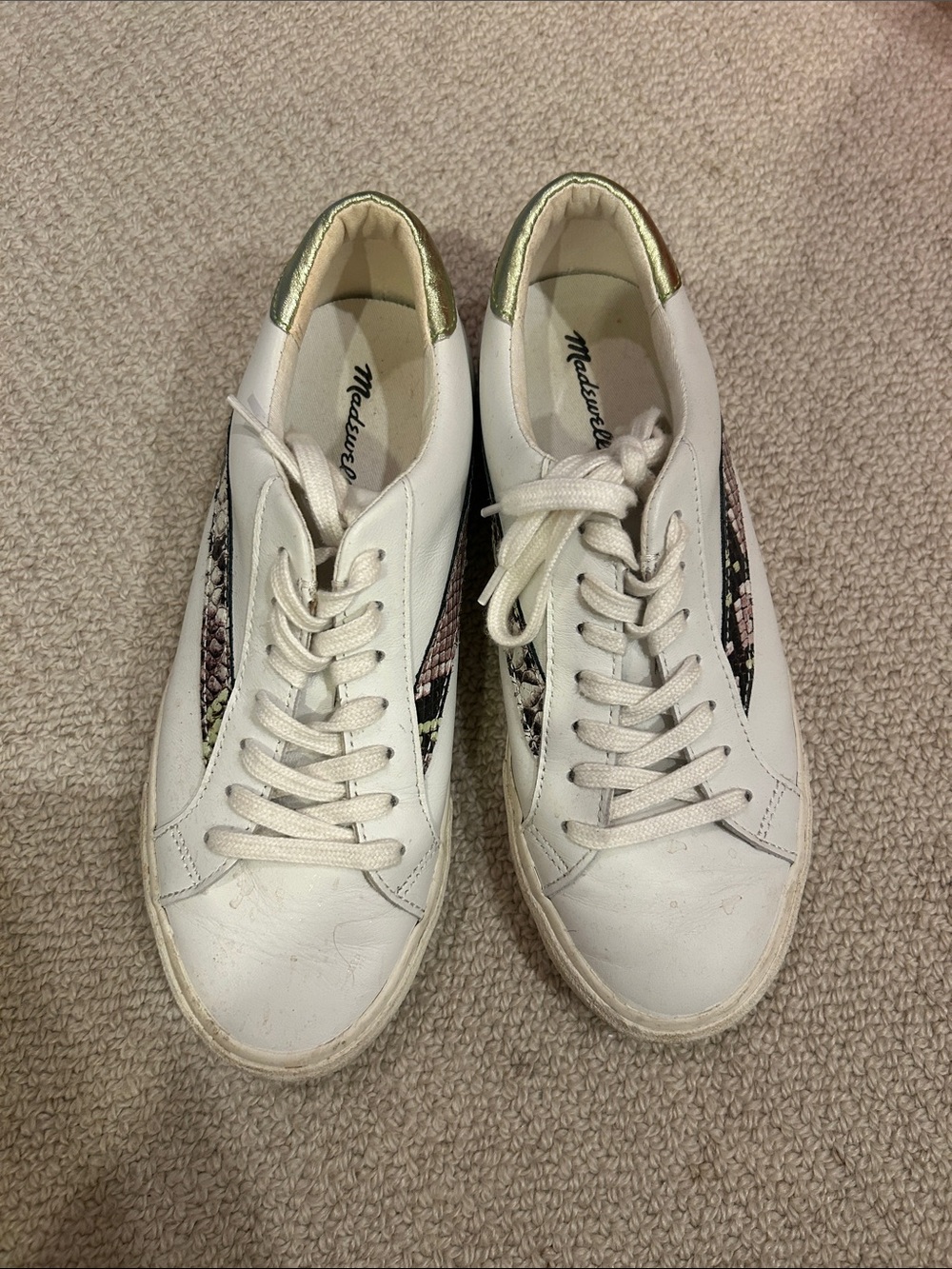 Madewell White Sneakers with Gold Heel and Snake-Print Panels
